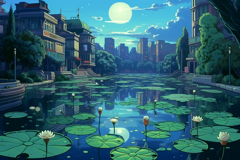夏天月色下的池塘荷叶荷花插画背景,插画/手绘图,插画/手绘图库,插画/手绘图下载,插画/手绘